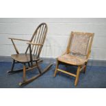 AN ASH ERCOL QUAKER BACK ROCKING ARMCHAIR together with (condition:- historical wear, worn finish)