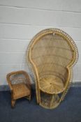A MID CENTURY WICKER PEACOCK CHAIR, and a wicker dolls chair (condition:-loose wicker to top of