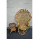 A MID CENTURY WICKER PEACOCK CHAIR, and a wicker dolls chair (condition:-loose wicker to top of