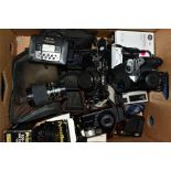 A BOX OF PHOTOGRAPHIC EQUIPMENT ETC, to include a Minolta X700 SLR 35mm film camera fitted with