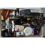 A BOX CONTAINING CAMERAS, CASED BINOCULARS, ETC, including a Grundig radio, a,f, a pair of Zenith