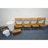 A SET OF FOUR BEECH FOLDING CHAIRS, three wicker baskets and a Vintage walnut sewing machine (8)