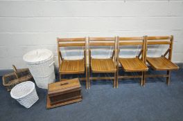 A SET OF FOUR BEECH FOLDING CHAIRS, three wicker baskets and a Vintage walnut sewing machine (8)