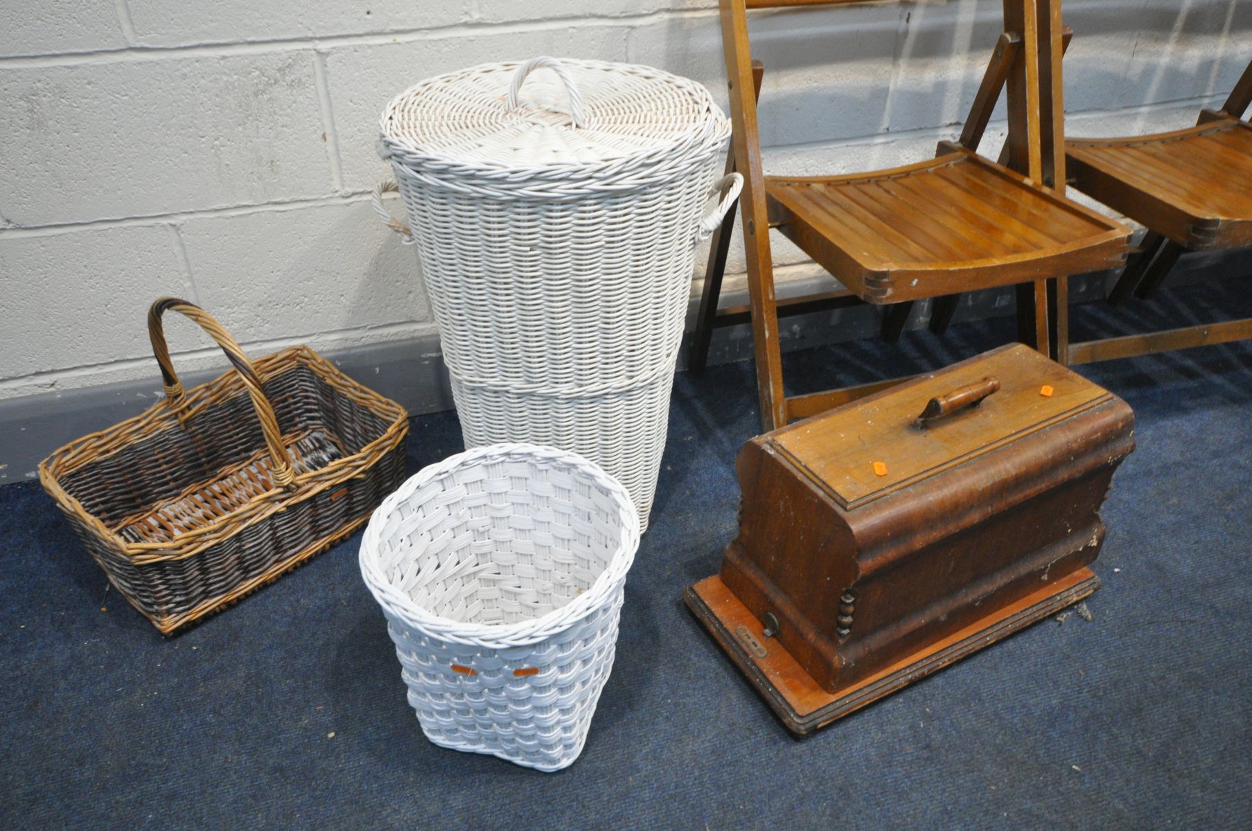 A SET OF FOUR BEECH FOLDING CHAIRS, three wicker baskets and a Vintage walnut sewing machine (8) - Image 3 of 3