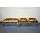 A PAIR OF GILTWOOD FRENCH OCCASIONAL TABLES, 65cm squared x height 56cm, and a matching coffee