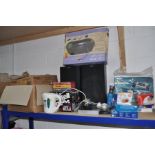 A QUANTITY OF KITCHEN AND HOUSEHOLD EQUIPMENT, including a boxed Bush VCR, a boxed lap desk with