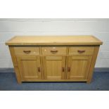 A 'GLOBAL HOME' LIGHT OAK SIDEBOARD, with three drawers, width 170cm x depth 45cm x height 100cm