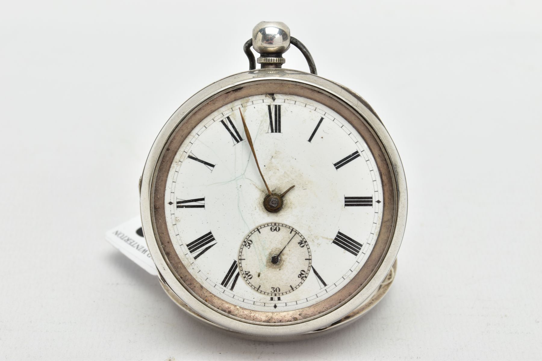 A SILVER OPEN FACE POCKET WATCH, (non-running) round white dial, Roman numerals, seconds