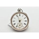 A SILVER OPEN FACE POCKET WATCH, (non-running) round white dial, Roman numerals, seconds