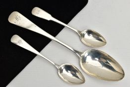 THREE SILVER SPOONS, to include an old English pattern serving spoon, engraved initials to the