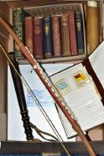 A BOX OF CHARLES DICKENS AND OTHER BOOKS, A TURNED WOODEN TRUNCHEONS, THREE ROLLED ORDER OF