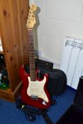 A SUNN MUSTANG ELECTRIC GUITAR, RED AND CREAM FINISH, serial number NC434622, made in China,