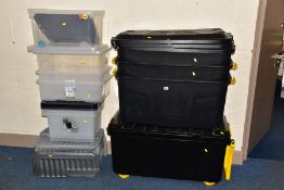 A QUANTITY OF PLASTIC STORAGE BOXES, comprising a 'Really Useful Storage' 160 litre box on wheels,