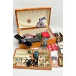 A BOX OF COSTUME JEWELLERY WATCHES AND JEWELLERY BOXES, to include a large wooden jewellery box with