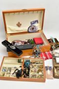 A BOX OF COSTUME JEWELLERY WATCHES AND JEWELLERY BOXES, to include a large wooden jewellery box with