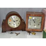 TWO EARLY 20TH CENTURY MANTEL CLOCKS, comprising an oak cased dome top Westminster chime 8 day