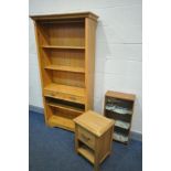 A PINE EFFECT OPEN BOOKCASE, with two drawers, with 93cm x depth 36cm x height 186cm, an oak