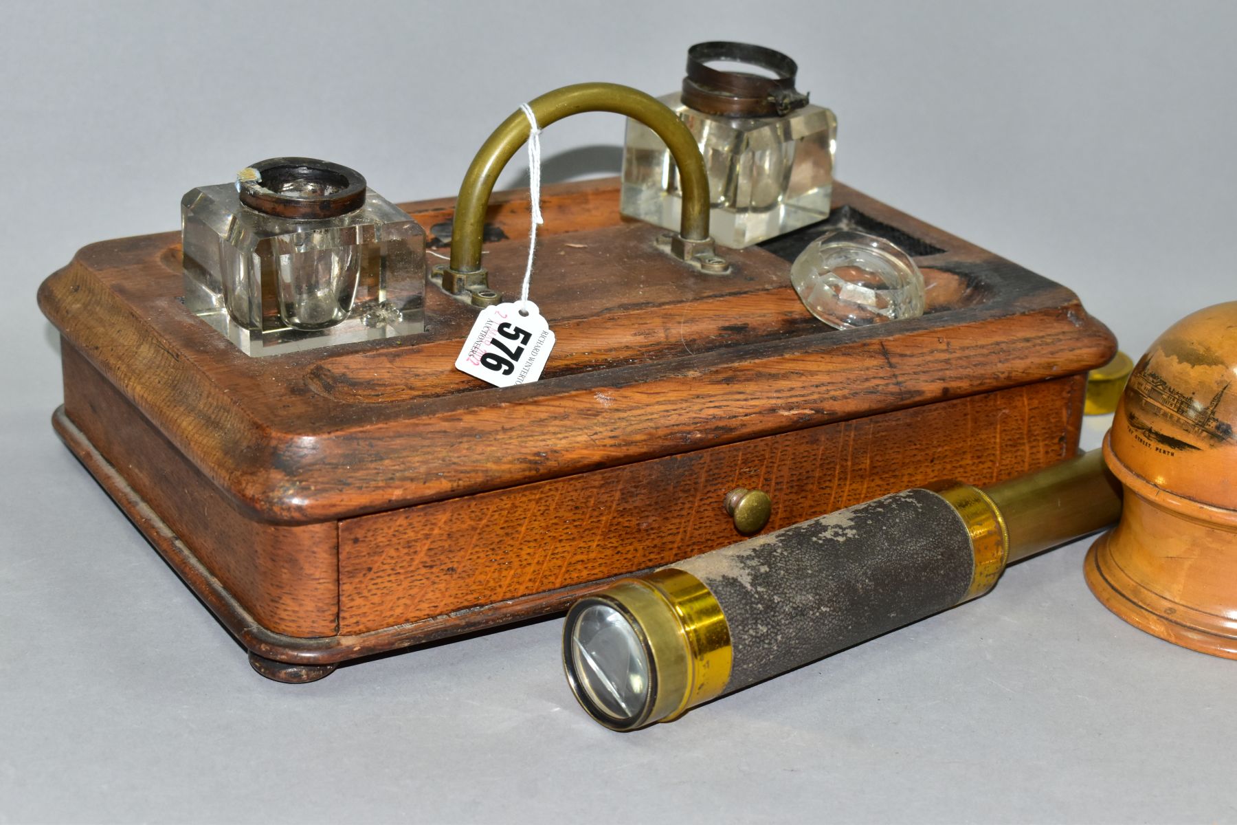 A VICTORIAN OAK INKWELL STAND WITH DRAW, together with a Mauchline ware string dispenser for J R - Image 3 of 9