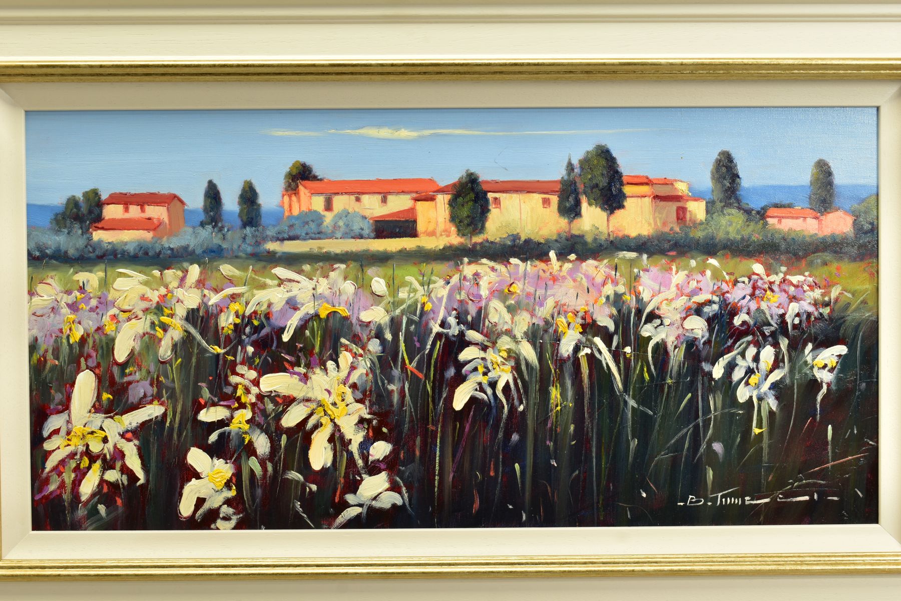 BRUNO TINUCCI (ITALY 19470) 'CAMPO BIANCO', an Italian landscape of flowers with buildings beyond, - Image 2 of 8