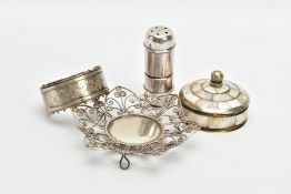 FOUR ITEMS, to include a silver hinged bangle, foliate engraved detail with applied bead work to the
