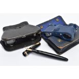 TWO PAIRS OF OPERA GLASSES AND A PARKER FOUNTAIN PEN, a cased pair of blue Kershaw opera glasses,