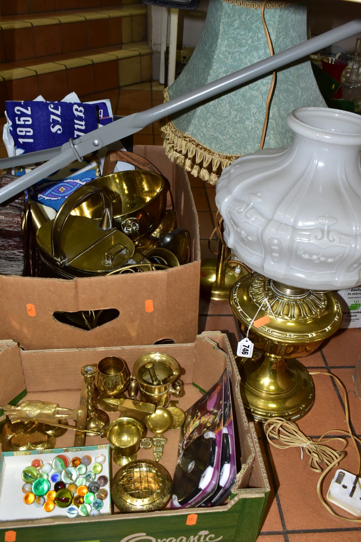 TWO BOXES AND LOOSE BRASS WARES AND SUNDRIES ETC, brass items include a oil lamp converted to