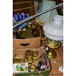TWO BOXES AND LOOSE BRASS WARES AND SUNDRIES ETC, brass items include a oil lamp converted to