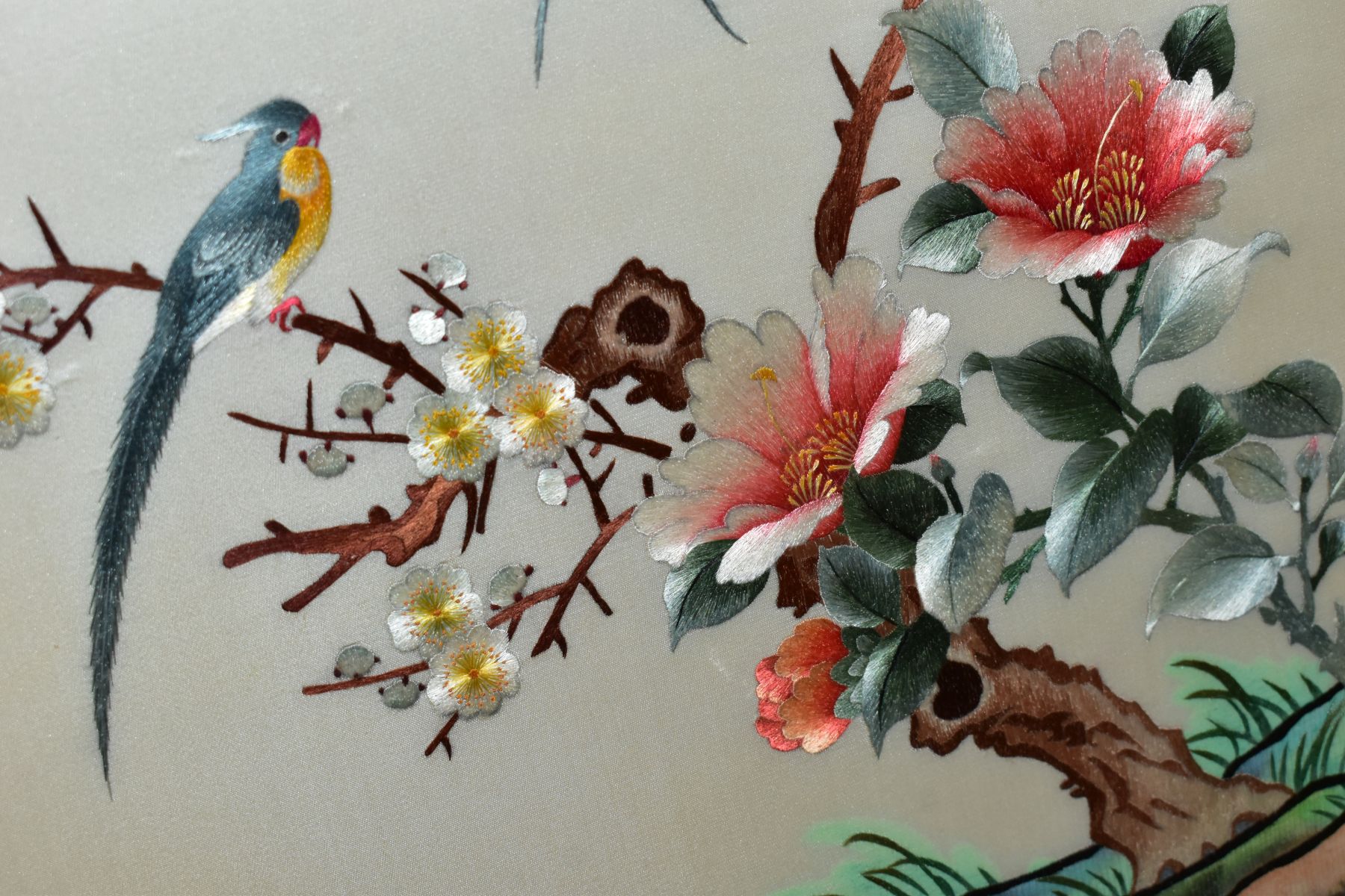 THREE CHINESE SILK EMBROIDERY PICTURES, depicting exotic birds, cranes, ducks and flowers, signed - Image 6 of 9