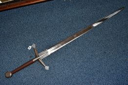 A LARGE REPRODUCTION SWORD, with leather grip, pierced cross guard, sharpened blade, length 142cm (