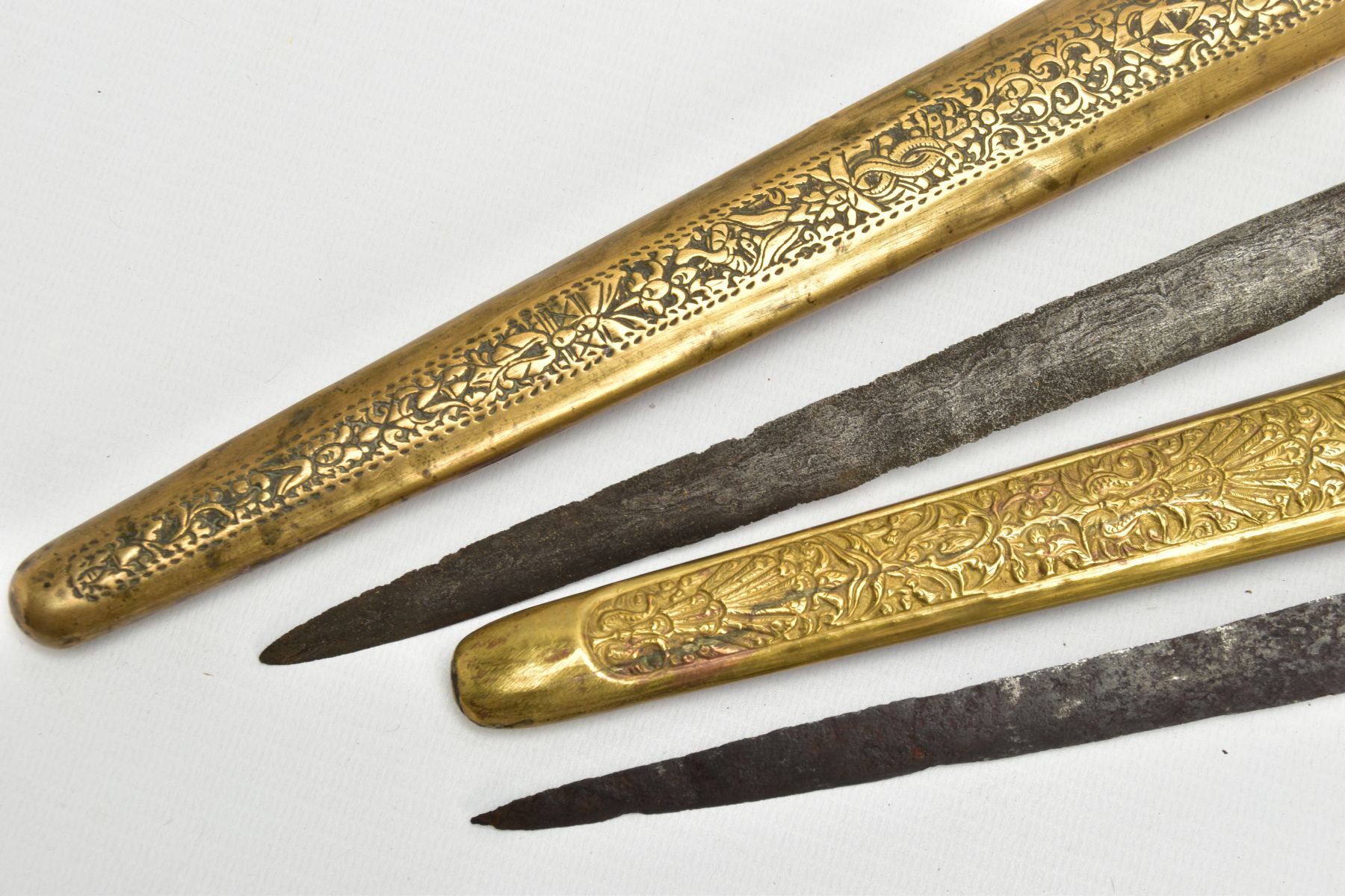 TWO MALAY/INDONESIAN KRIS DAGGERS, possibly a pair, ornate metal sheaths(warangka) carved wooden - Image 7 of 9