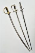 THREE SWORDS BELIEVED 19TH Century, a white metal ornate grip and cross guard blade tip broken,