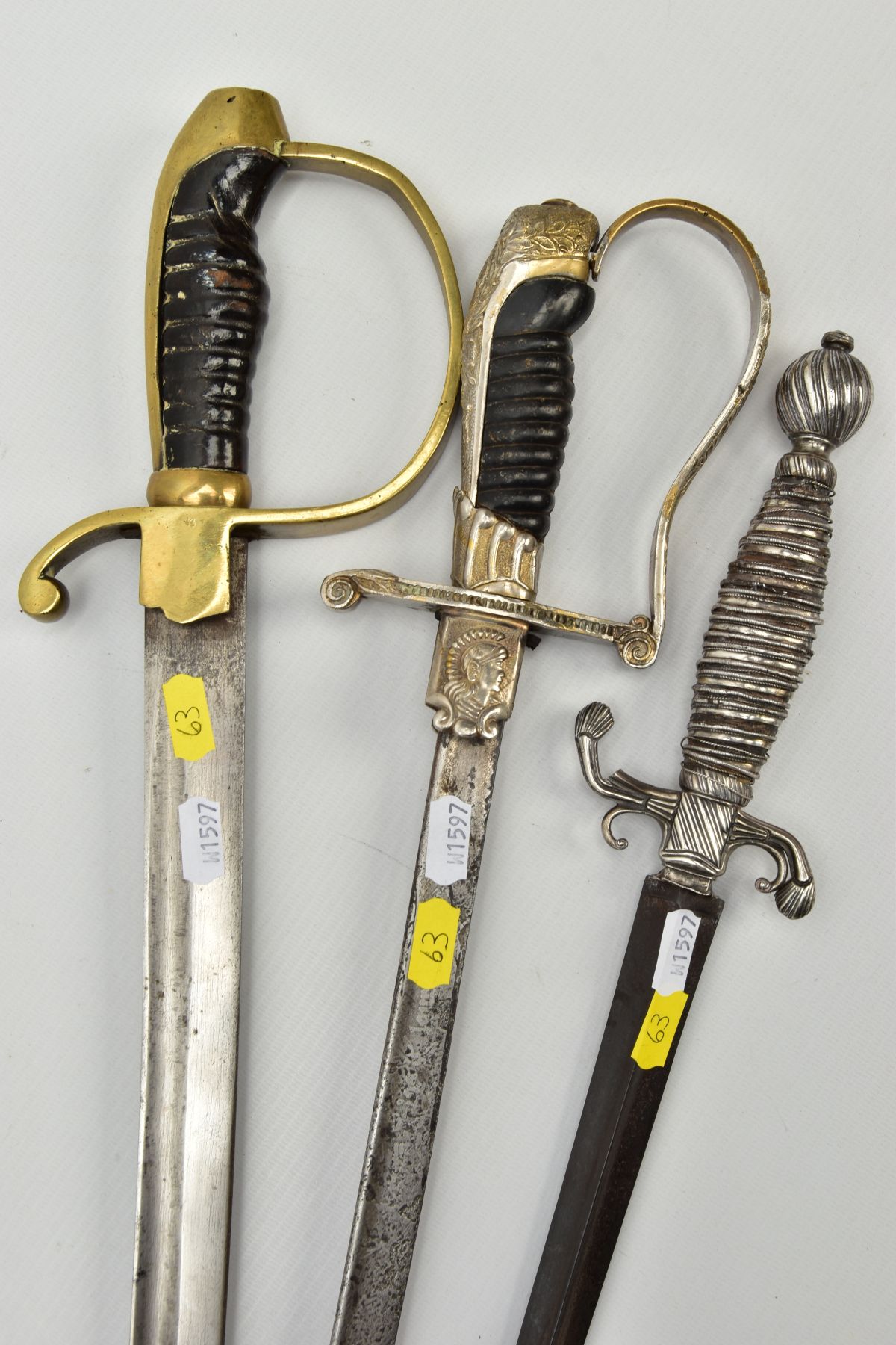 THREE SWORDS BELIEVED 19TH Century, a white metal ornate grip and cross guard blade tip broken, - Image 10 of 12