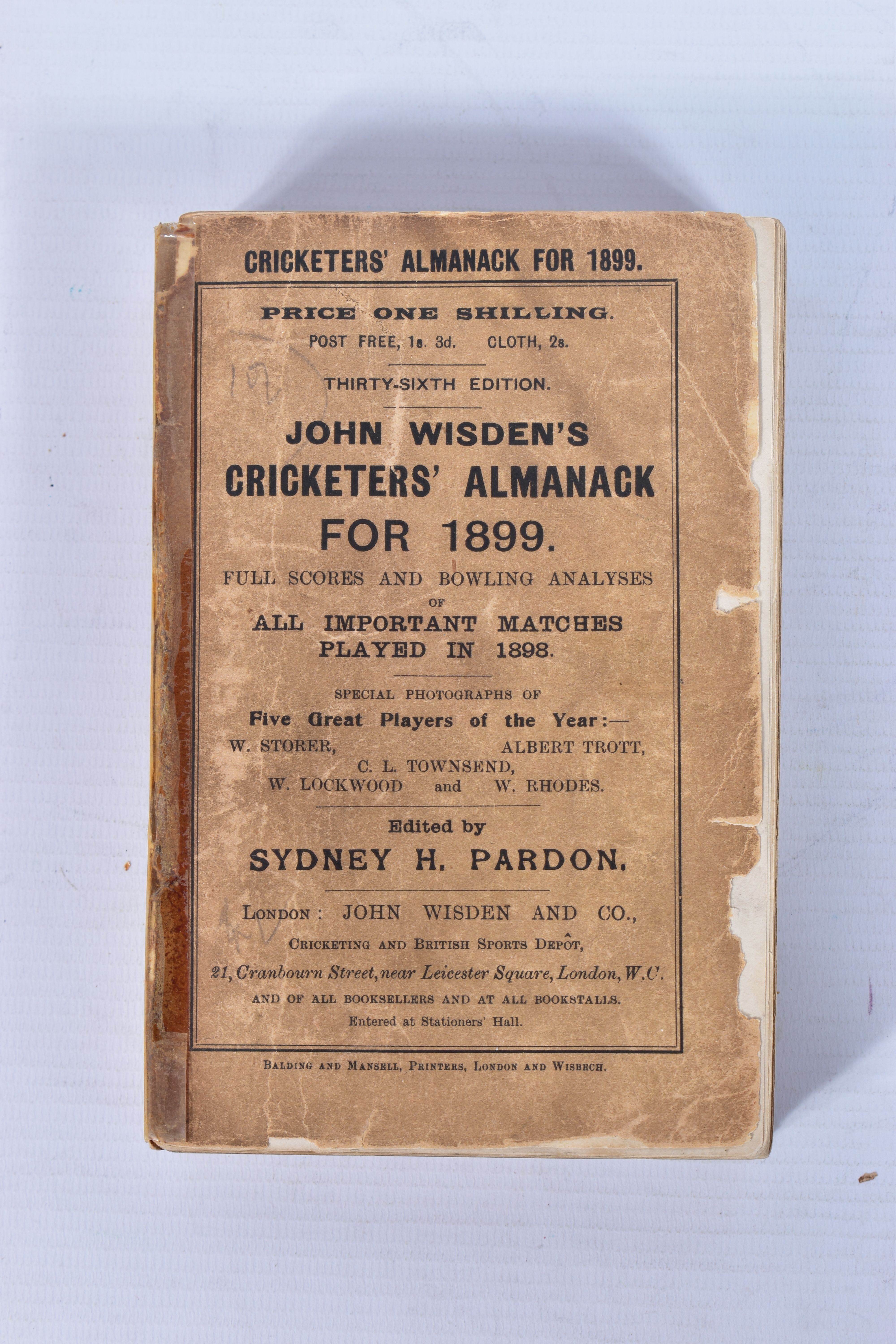 WISDEN; John Wisden's Cricketers' Almanack for 1899, 36th edition, photographic plate intact,