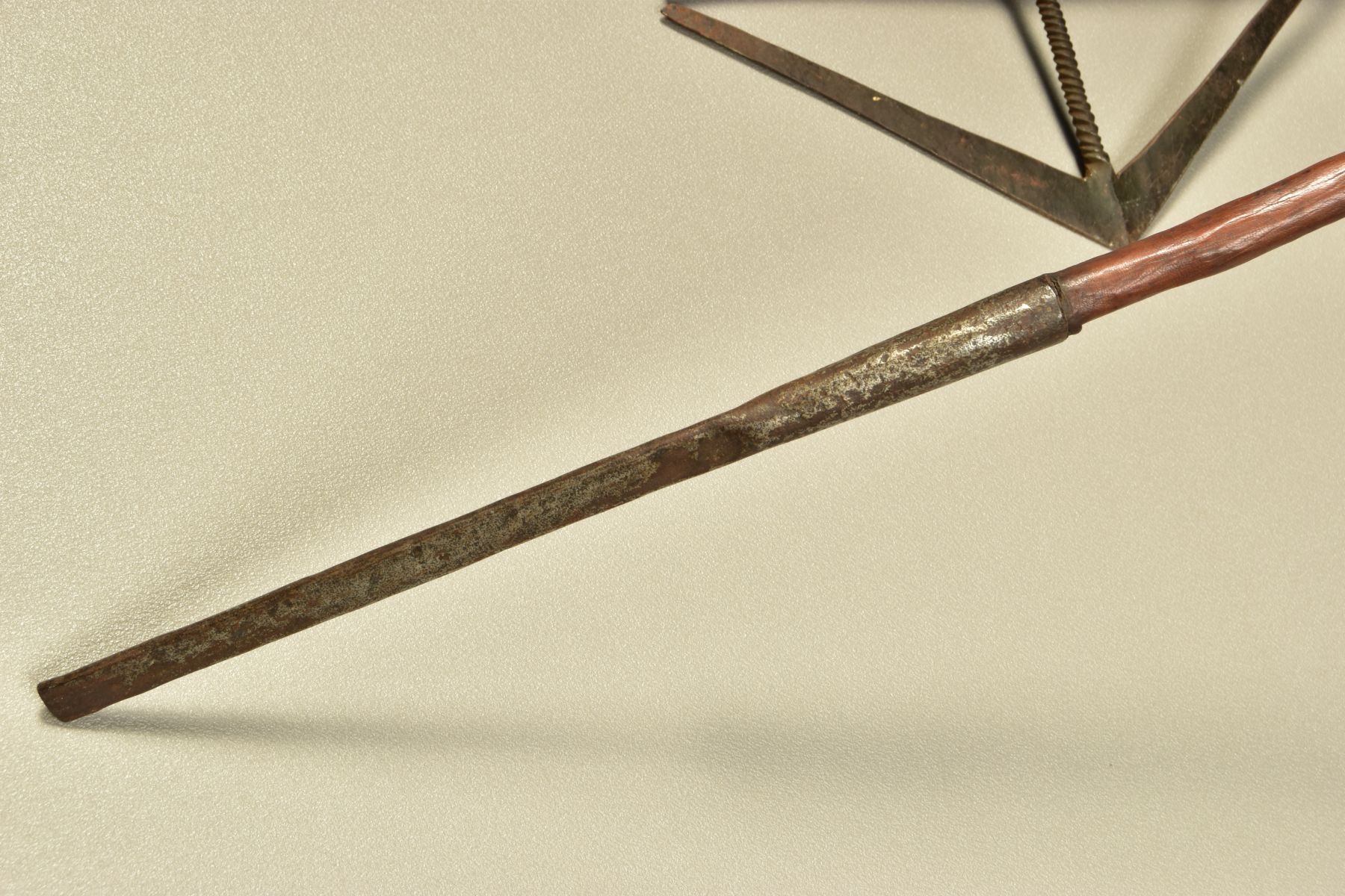 TWO PIECES OF POSSIBLY AFRICAN TRIBAL WEAPONRY, mainly wooden construction with metal parts added, - Image 8 of 9