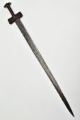 A TOUREG SWORD, blade length 76cm has marks S&L AGOS and two holes towards cross guard