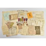A BOX CONTAINING WORLD WAR TWO MEDALS, CAP BADGES AND EPHEMERA, to include, 1939-45, Burma Stars,