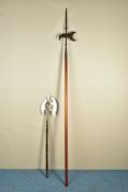 TWO MEDIEVAL STYLE PIKES, (a) total length 244cm, steel head looks to be older than the wooden staff