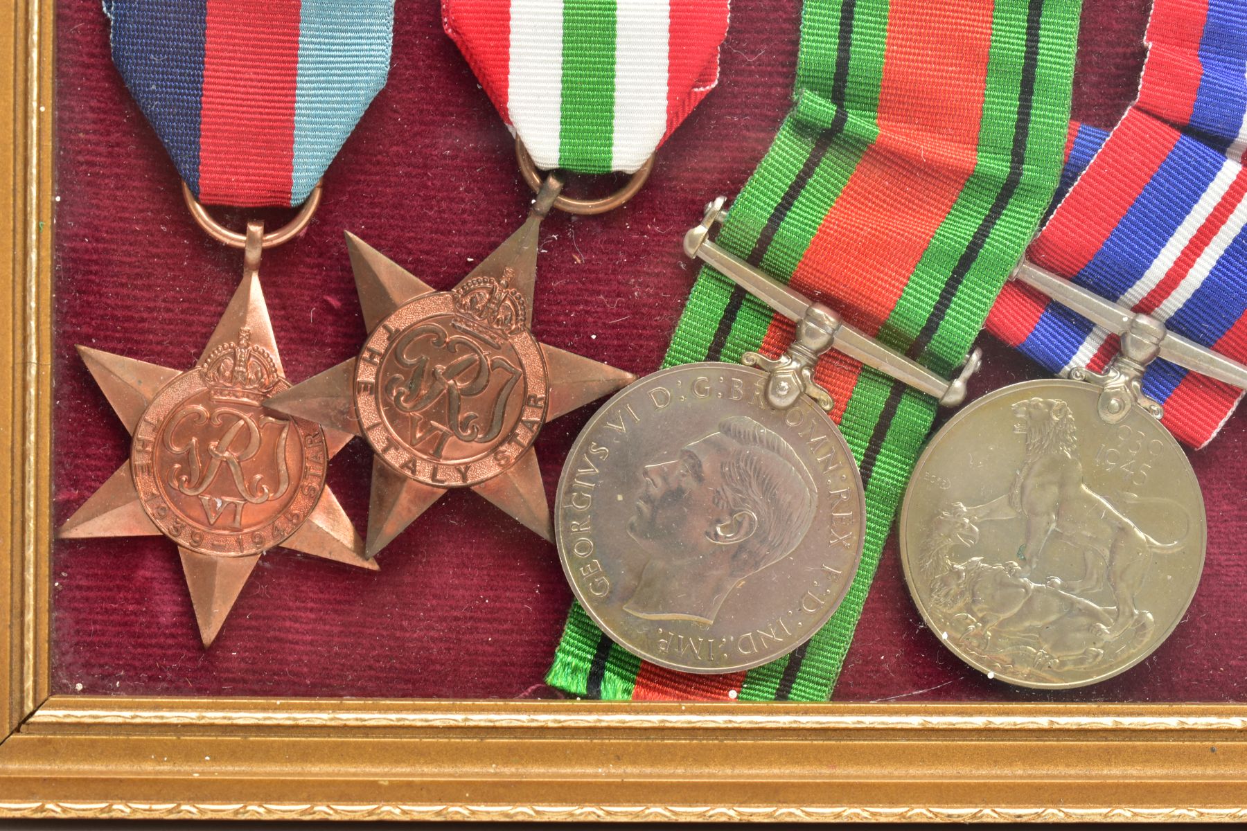 SMALL GLAZED FRAME CONTAINING WORLD WAR TWO MEDALS, as follows 1939-45, Italy Stars, Defence & War - Image 2 of 4