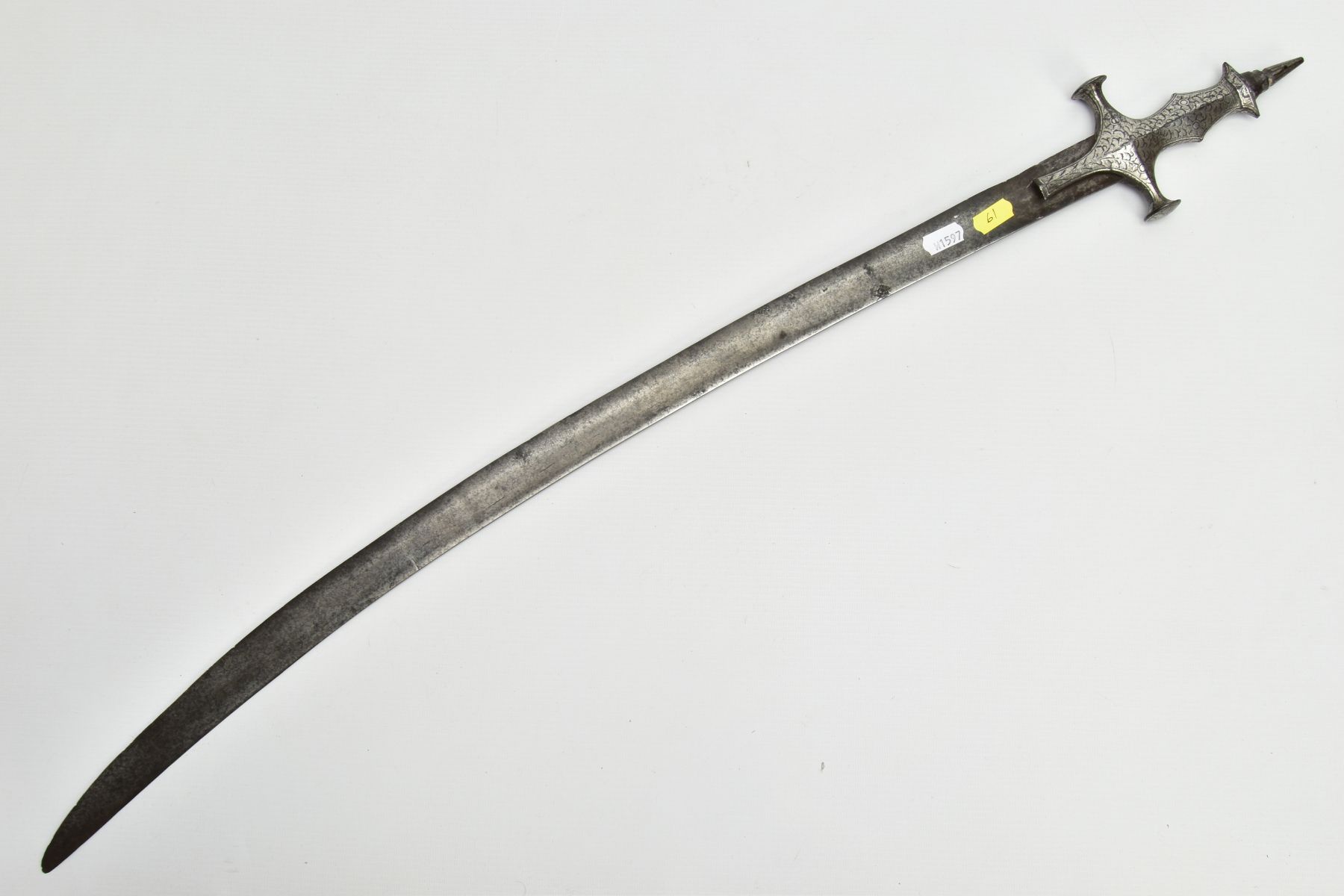 A TALWAR STYLE curved blade sword, blade length approximately 75 cm, ornate white metal grip and - Image 6 of 8