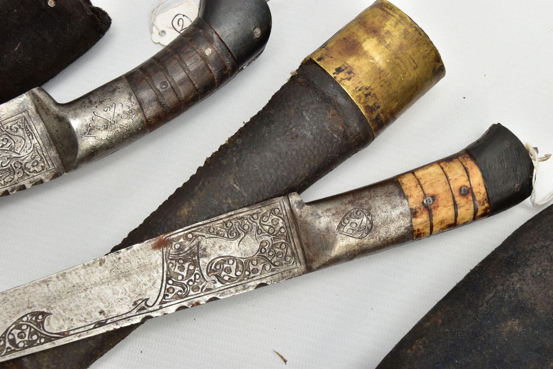 THREE INDIAN/ASIAN short daggers all with skin covered wooden scabbards, one with straight blade - Image 3 of 9