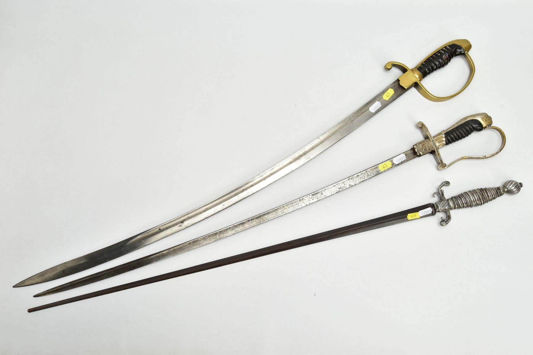 THREE SWORDS BELIEVED 19TH Century, a white metal ornate grip and cross guard blade tip broken, - Image 8 of 12