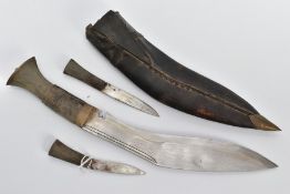 INDIAN SUB CONTINENT KUKRI KNIFE, in original scabbard, together with the two smaller knives