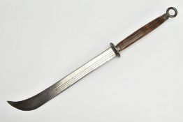 A BELIEVED ORIENTAL(CHINESE) double handed short sword, broad curved blade approximately 48cm wooden