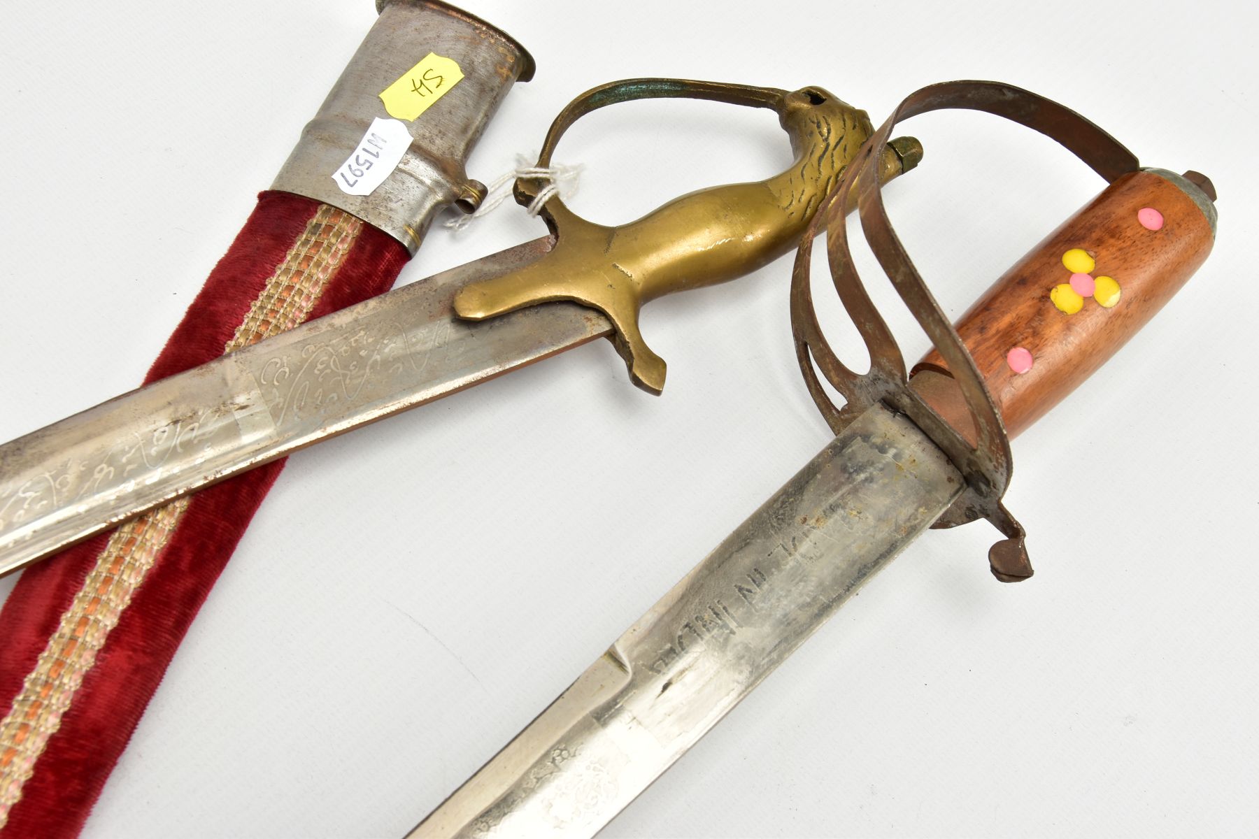 TWO ASIAN/INDIAN TOURIST STYLE CURVED SWORDS in wooden and suede scabbards, one id marked made in - Image 6 of 13