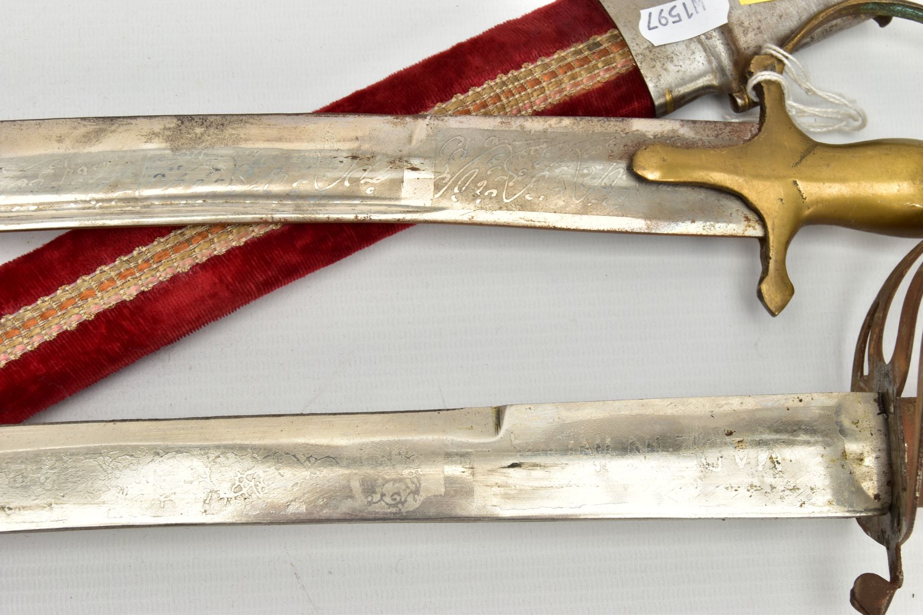 TWO ASIAN/INDIAN TOURIST STYLE CURVED SWORDS in wooden and suede scabbards, one id marked made in - Image 7 of 13