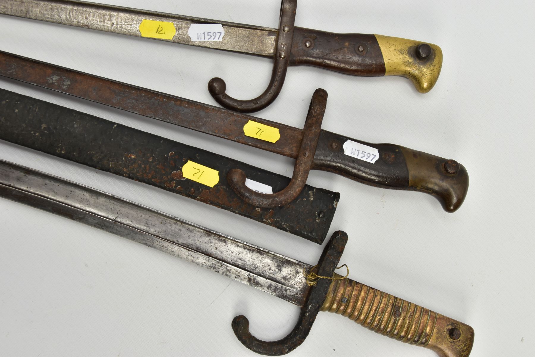 THREE VICTORIAN FRENCH BAYONETS AS FOLLOWS, a 1870 pattern Chassepot Bayonet and scabbard, Usual - Image 7 of 9