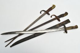 THREE VICTORIAN FRENCH BAYONETS AS FOLLOWS, a 1870 pattern Chassepot Bayonet and scabbard, Usual
