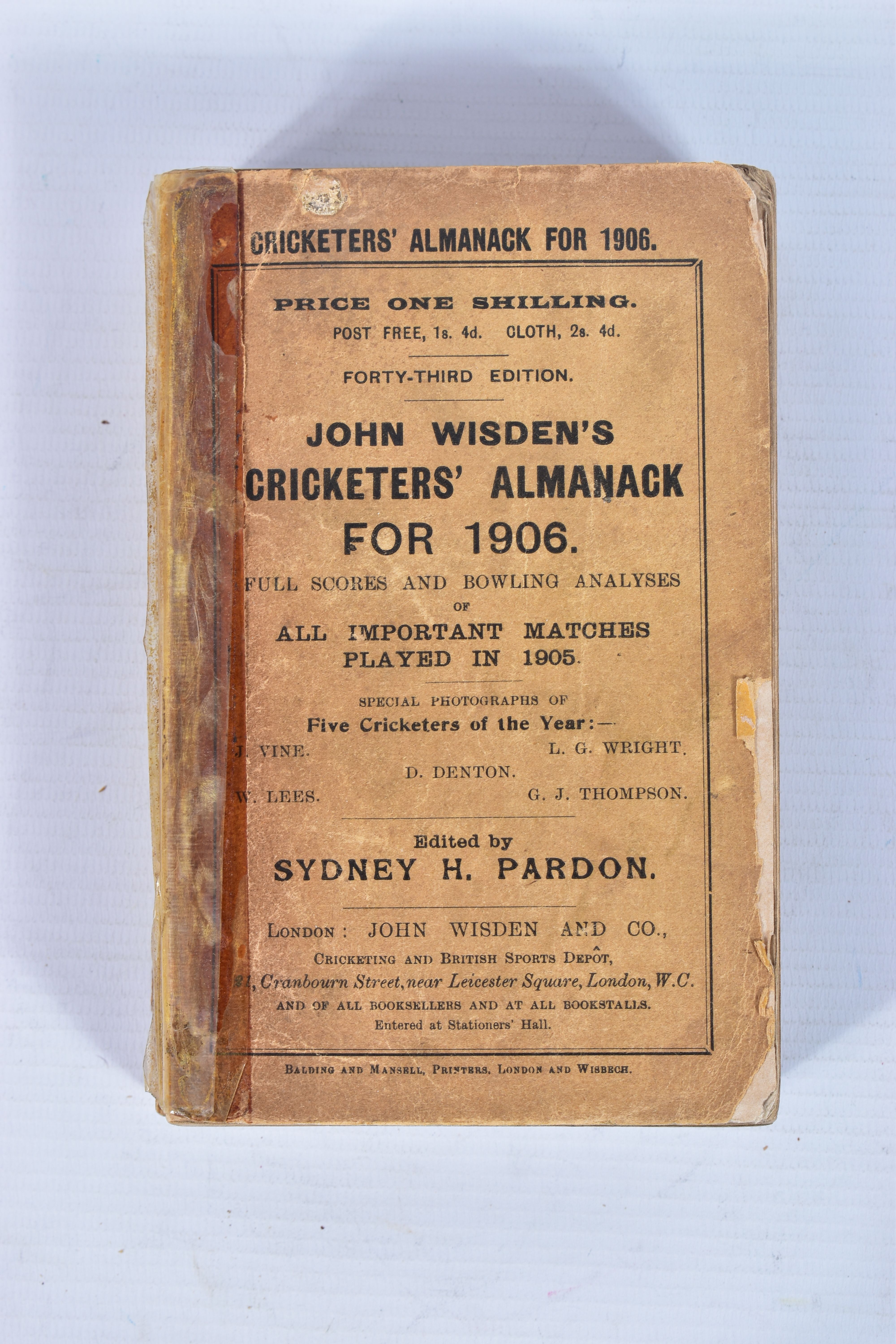 WISDEN; John Wisden's Cricketers' Almanack for 1906, 43rd edition, photographic plate intact,