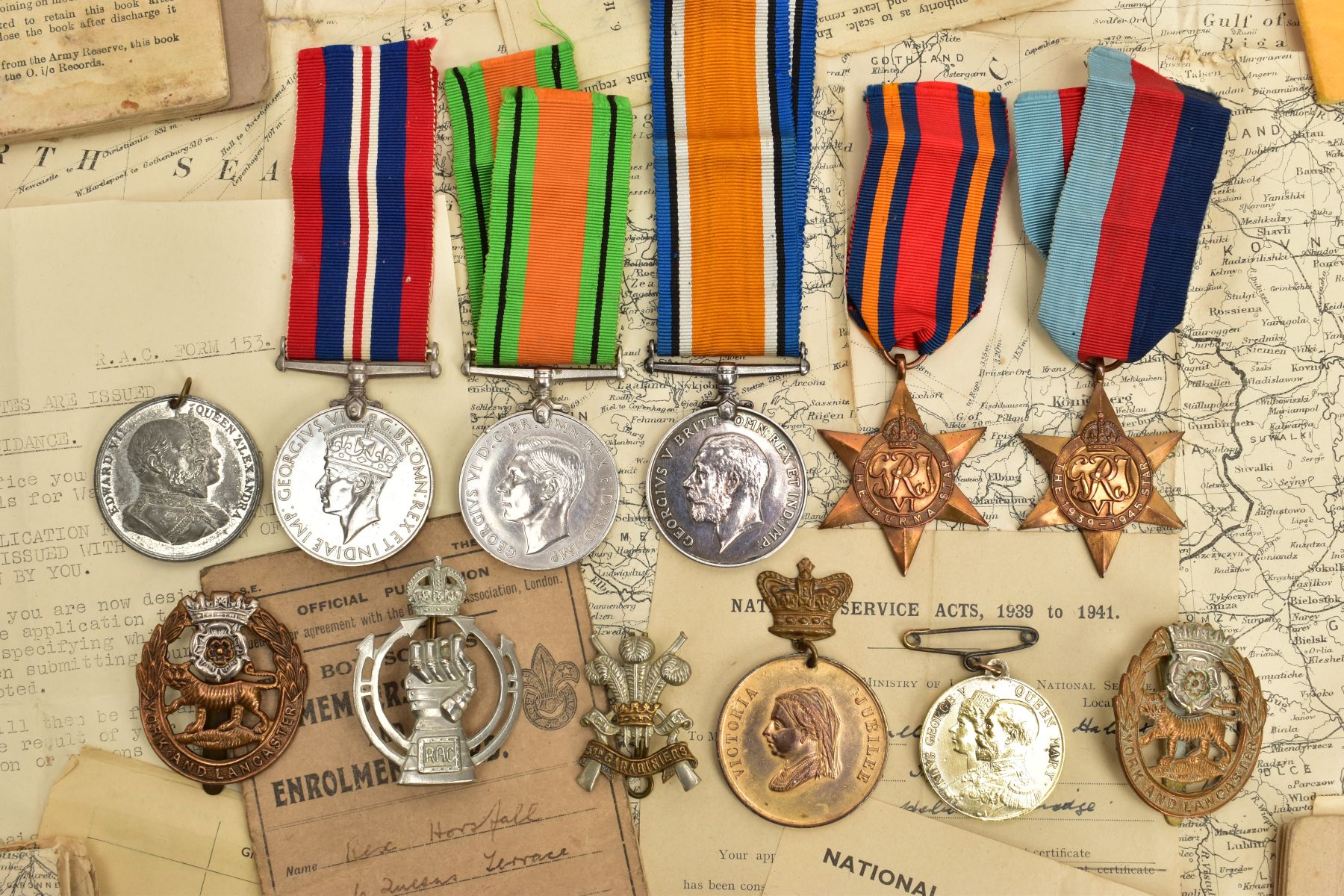 A BOX CONTAINING WORLD WAR TWO MEDALS, CAP BADGES AND EPHEMERA, to include, 1939-45, Burma Stars, - Image 2 of 12