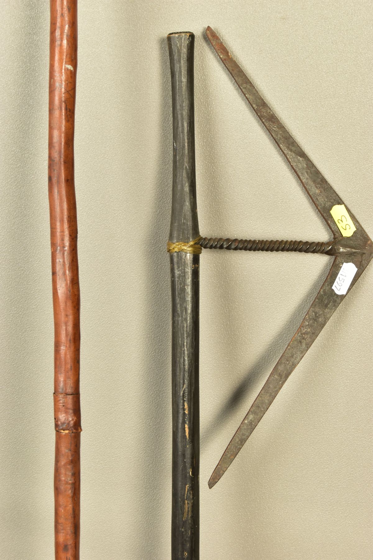 TWO PIECES OF POSSIBLY AFRICAN TRIBAL WEAPONRY, mainly wooden construction with metal parts added, - Image 4 of 9